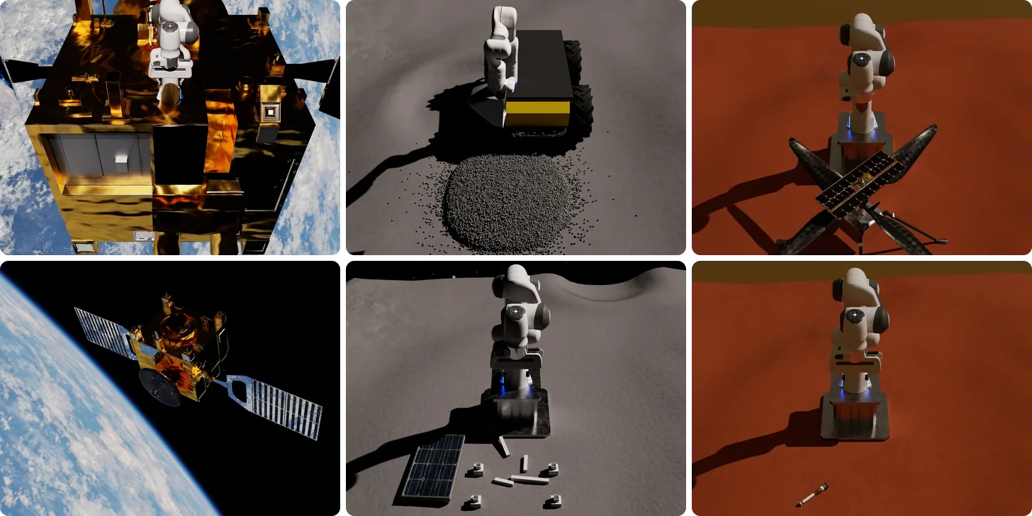 Six Space Robotics Bench tasks: a robot arm capturing a satellite above Earth and a satellite approached in orbit, a rover excavating regolith and an arm assembling a solar panel on the Moon, and an arm screwdriving and collecting a sample tube on Mars