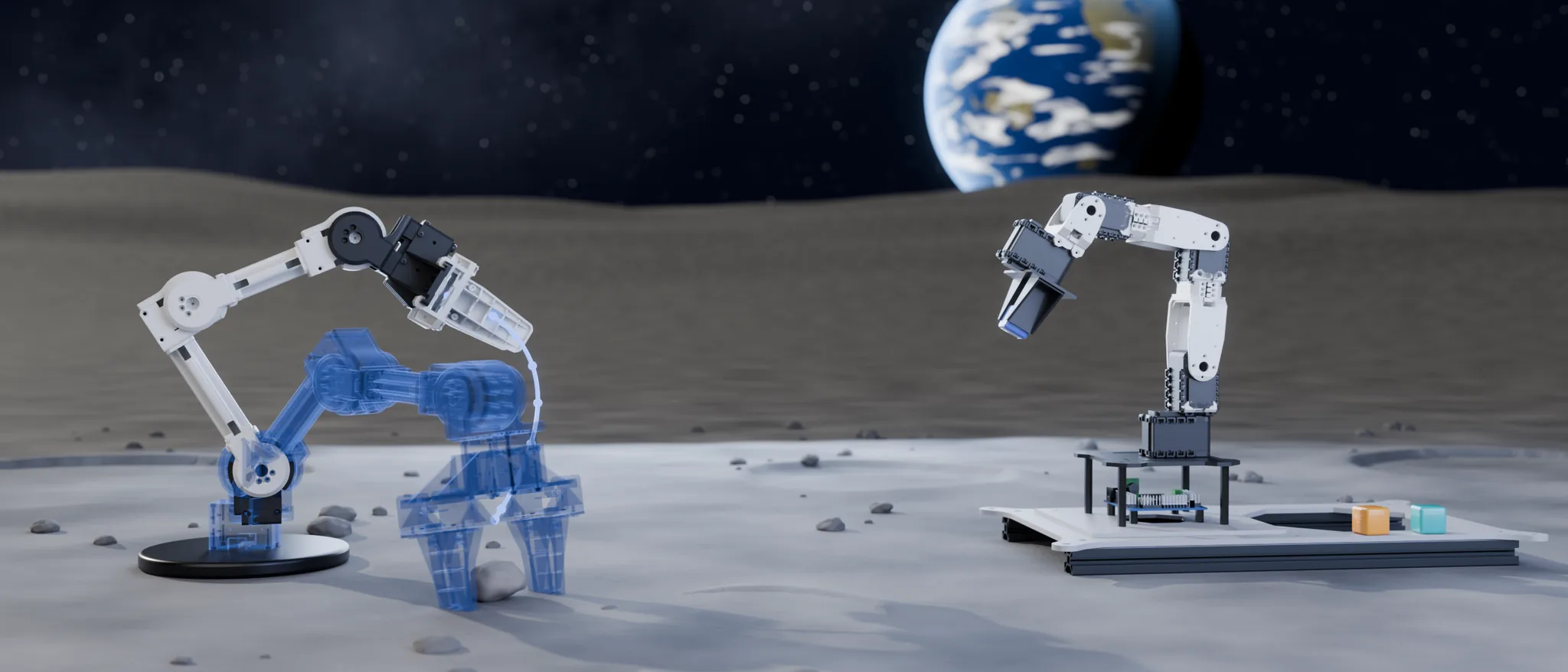 Rendering of the two lab arms on the Moon with Earth overhead: a translucent OpenMANIPULATOR-X traces its planned path to a rock sample, and the PhantomX Pincher holds a cube above its task board
